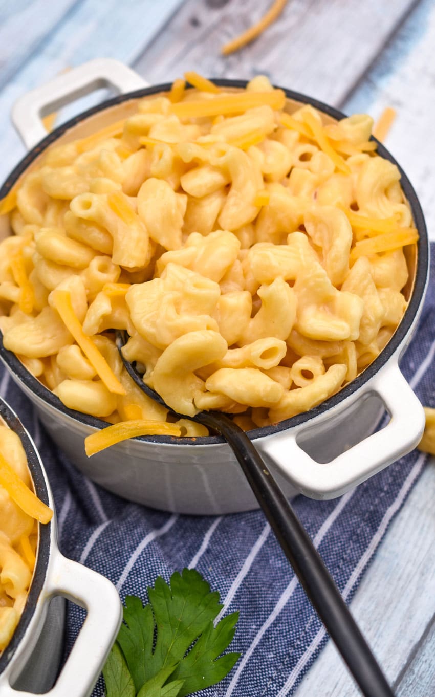 a silver spoon resting on the edge of a cast iron bowl filled with the best instant pot mac and cheese