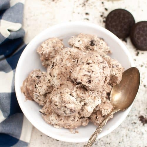 scoops of no churn cookies and cream ice cream in a white bowl
