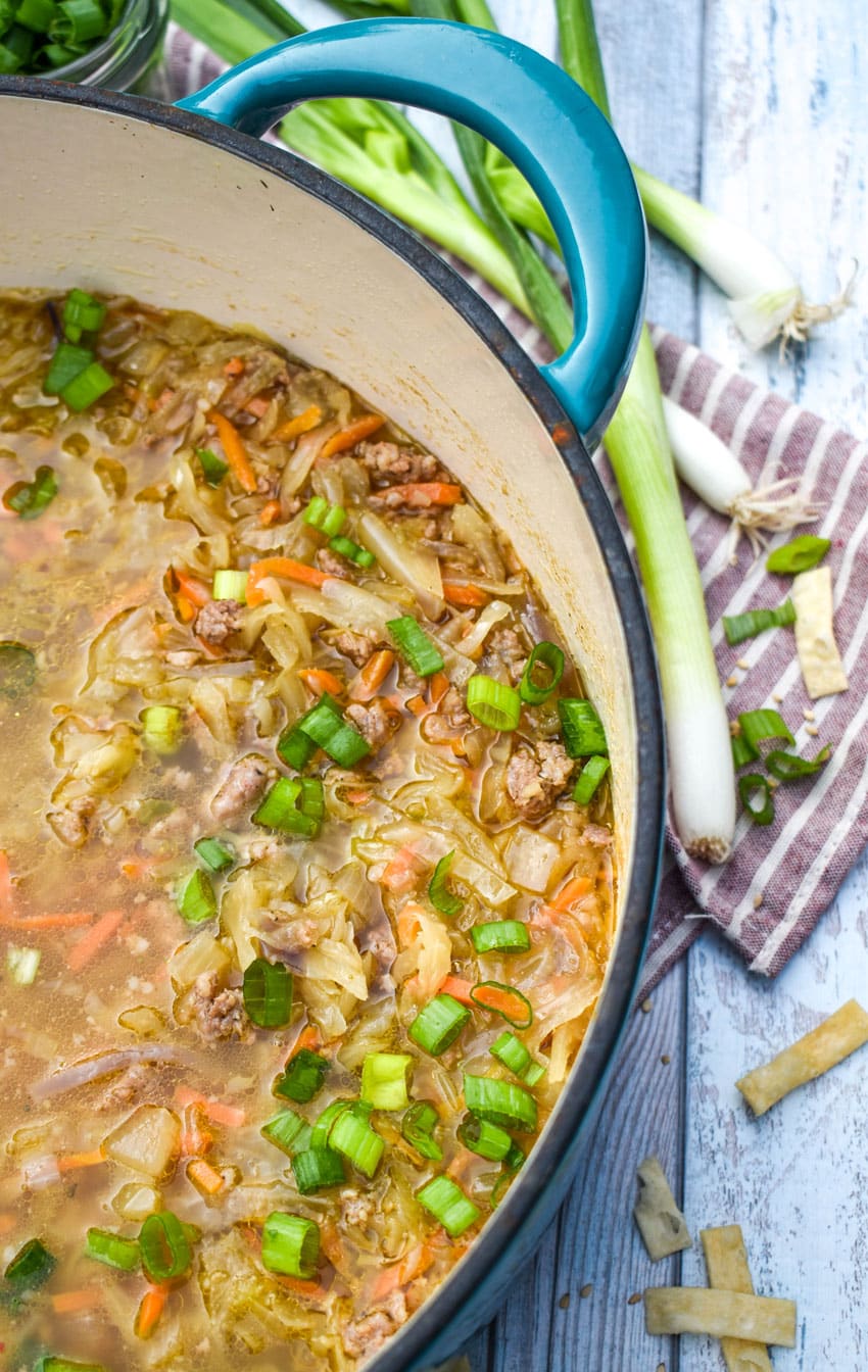 pork egg roll soup in a large dutch oven with green onions on the side