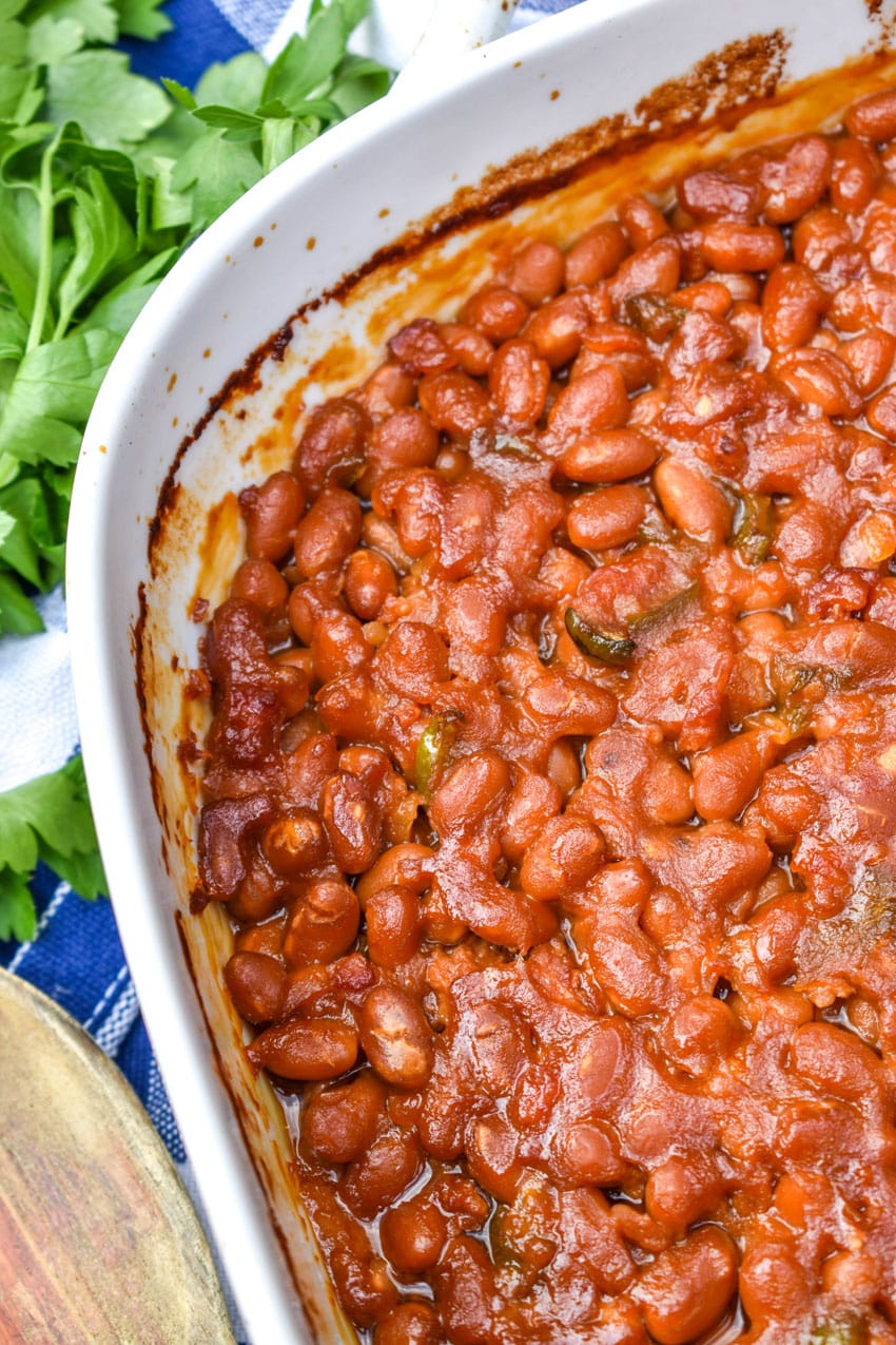 the best canned baked beans in a white baking dish