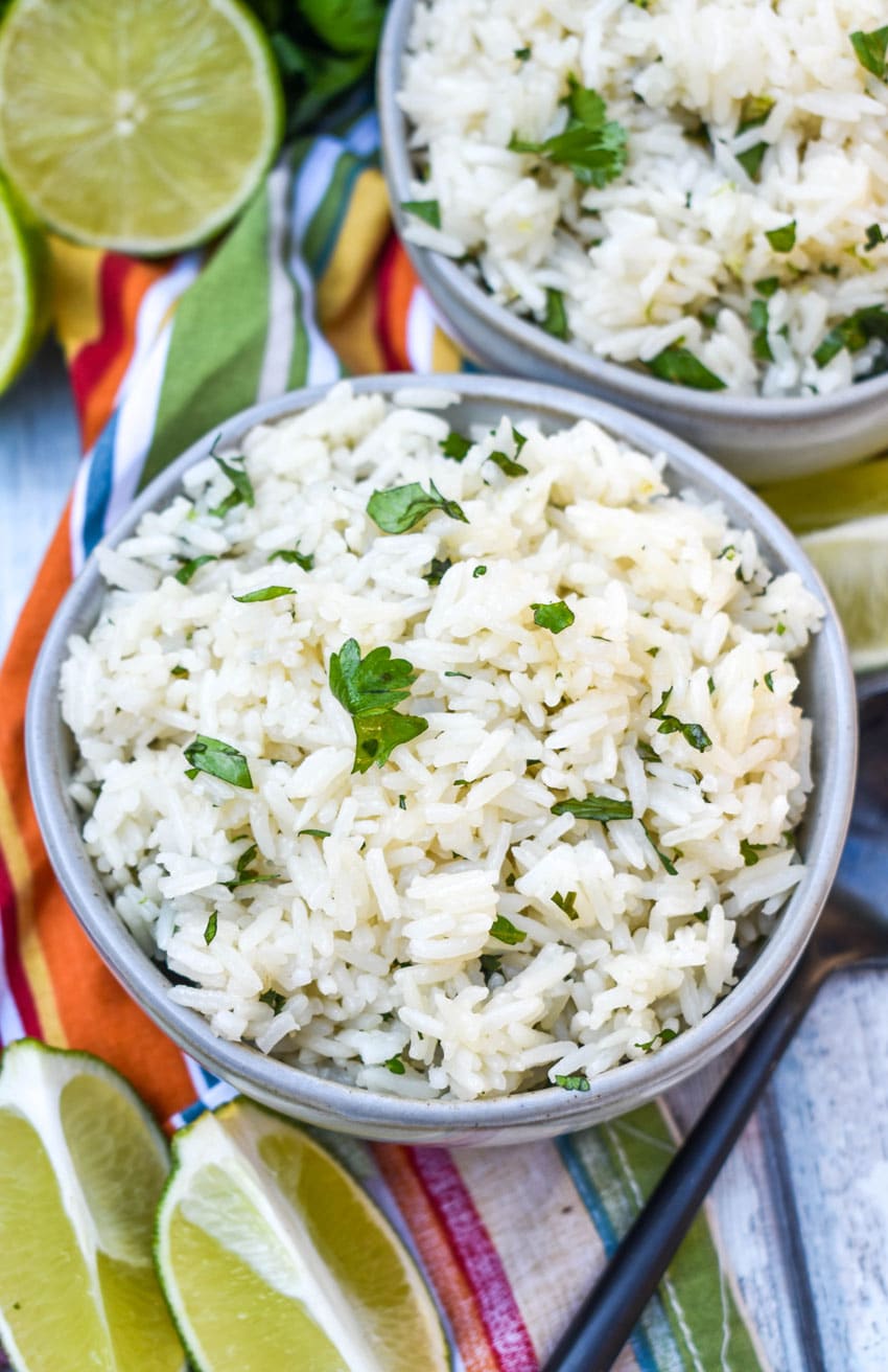instant pot cilantro lime rice in two small gray bowls