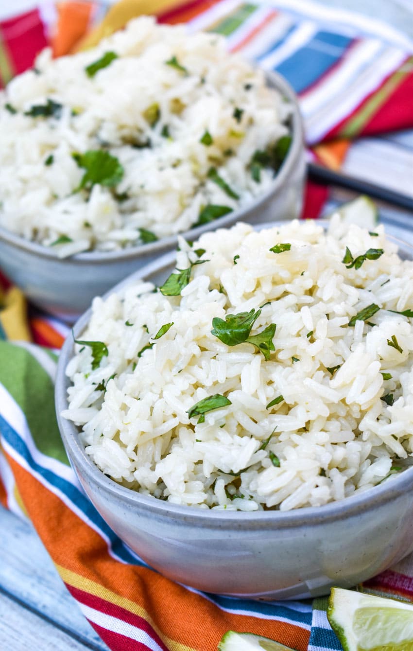 instant pot cilantro lime rice in two small gray bowls