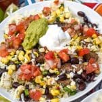 homemade burrito bowl in a shallow white bowl