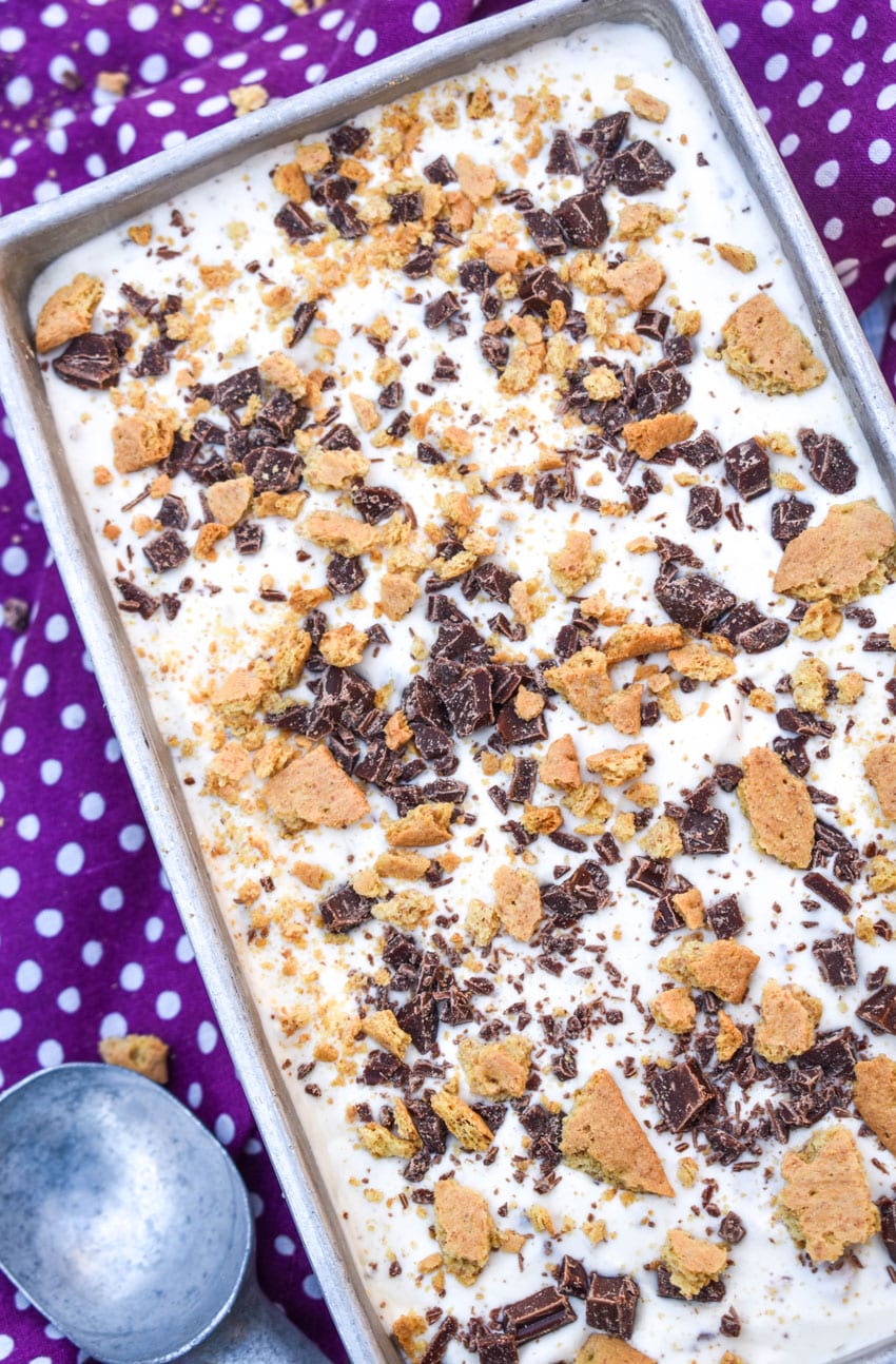 no churn s'mores ice cream in a metal loaf pan with a silver ice cream scoop on the side