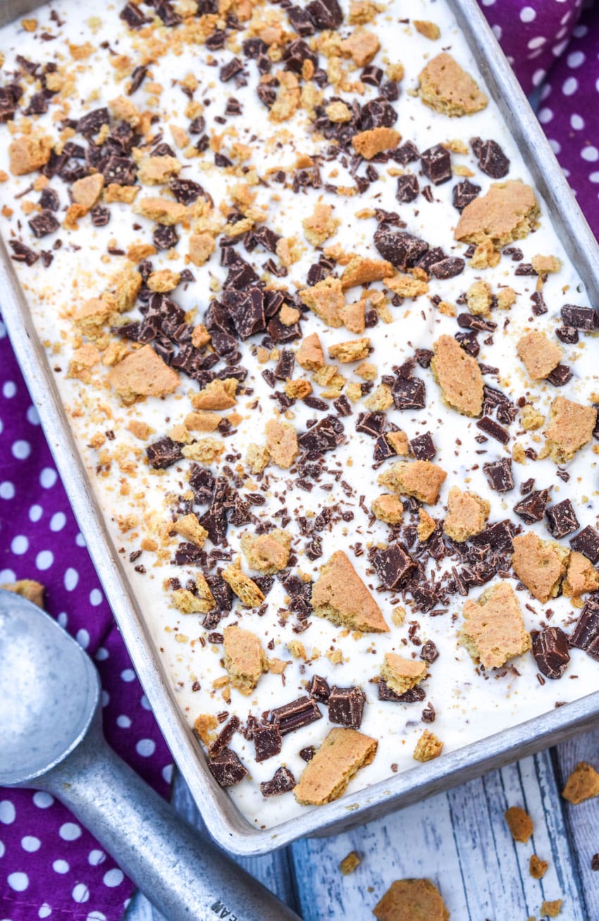 no churn s'mores ice cream in a metal loaf pan with a silver ice cream scoop on the side