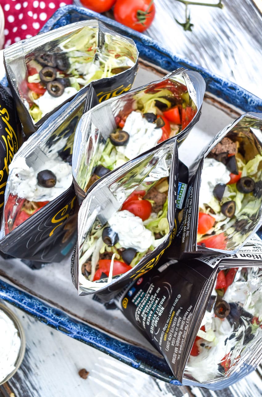 bags of walking gyros in a square baking dish