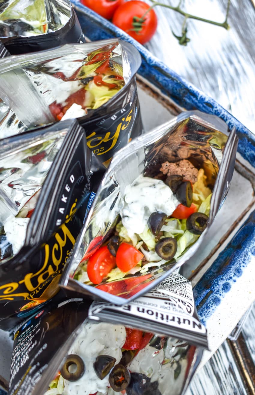 bags of walking gyros in a square baking dish