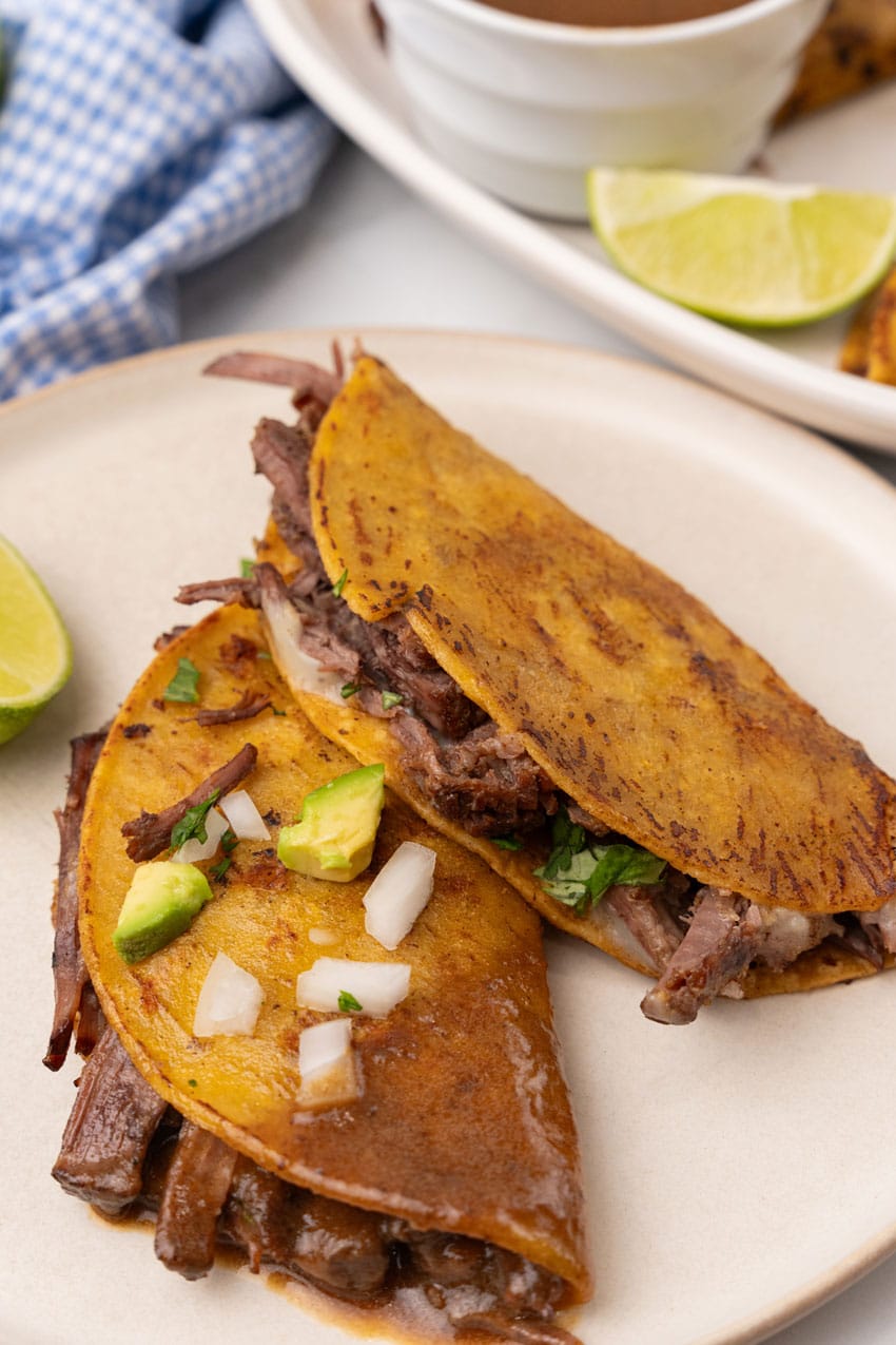 two instant pot birria tacos on a white plate