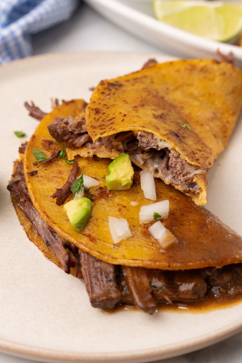 two instant pot quesabirria tacos on a white plate