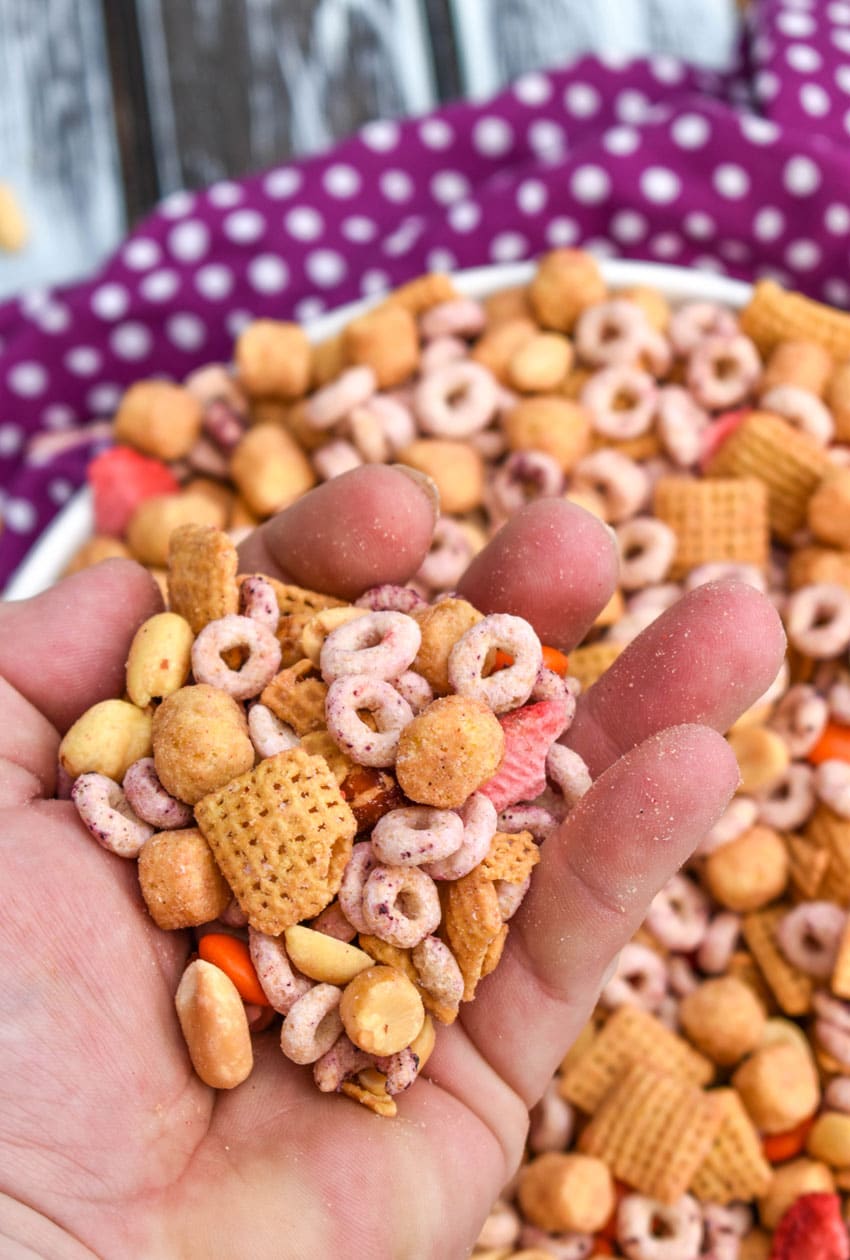 a hand holding up a scoop of peanut butter and jelly trail mix