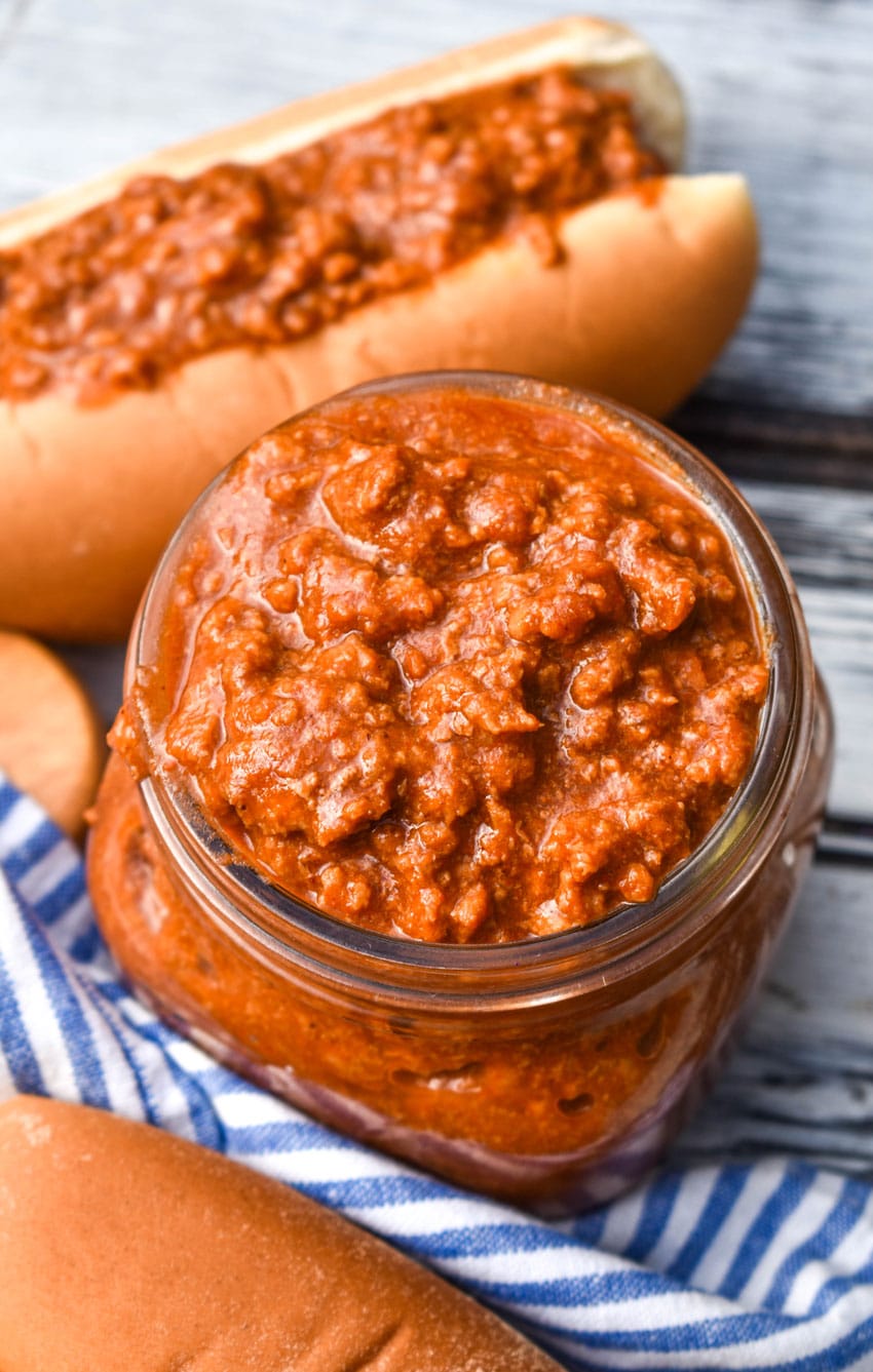 easy hot dog chili in a small glass jar