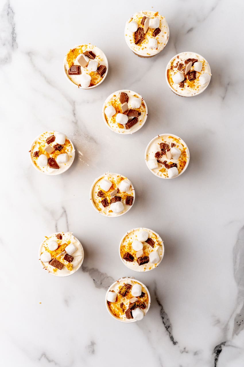 layers of ice cream, chocolate sauce, and crushed graham crackers in a paper cup