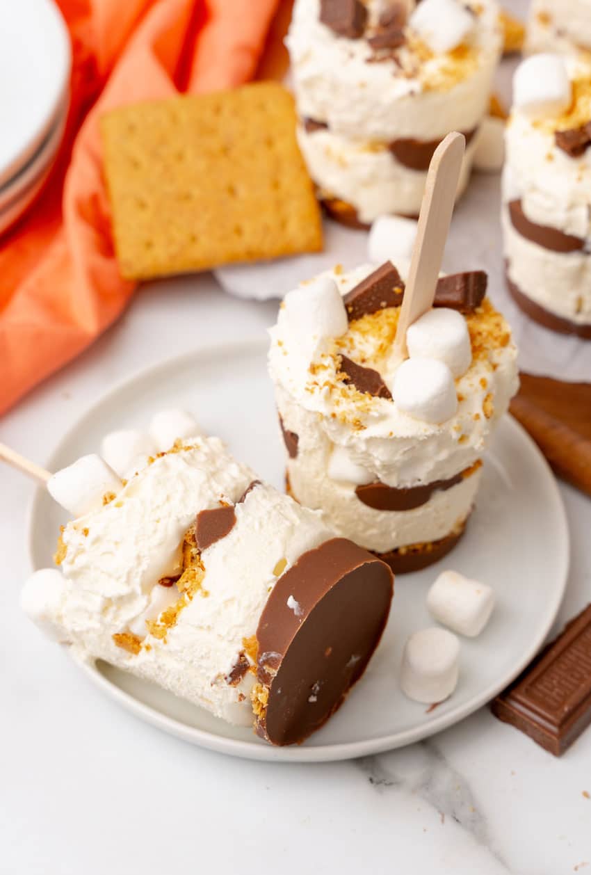 two frozen s'mores ice cream popsicles on a small white dessert plate
