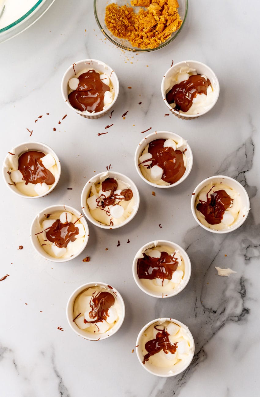 layers of ice cream, chocolate sauce, and crushed graham crackers in a paper cup