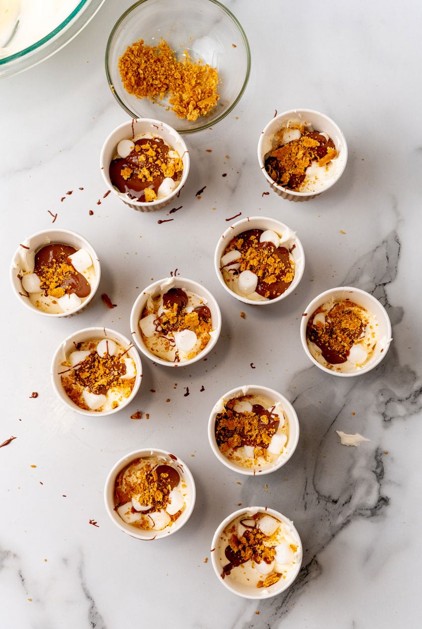 layers of ice cream, chocolate sauce, and crushed graham crackers in a paper cup