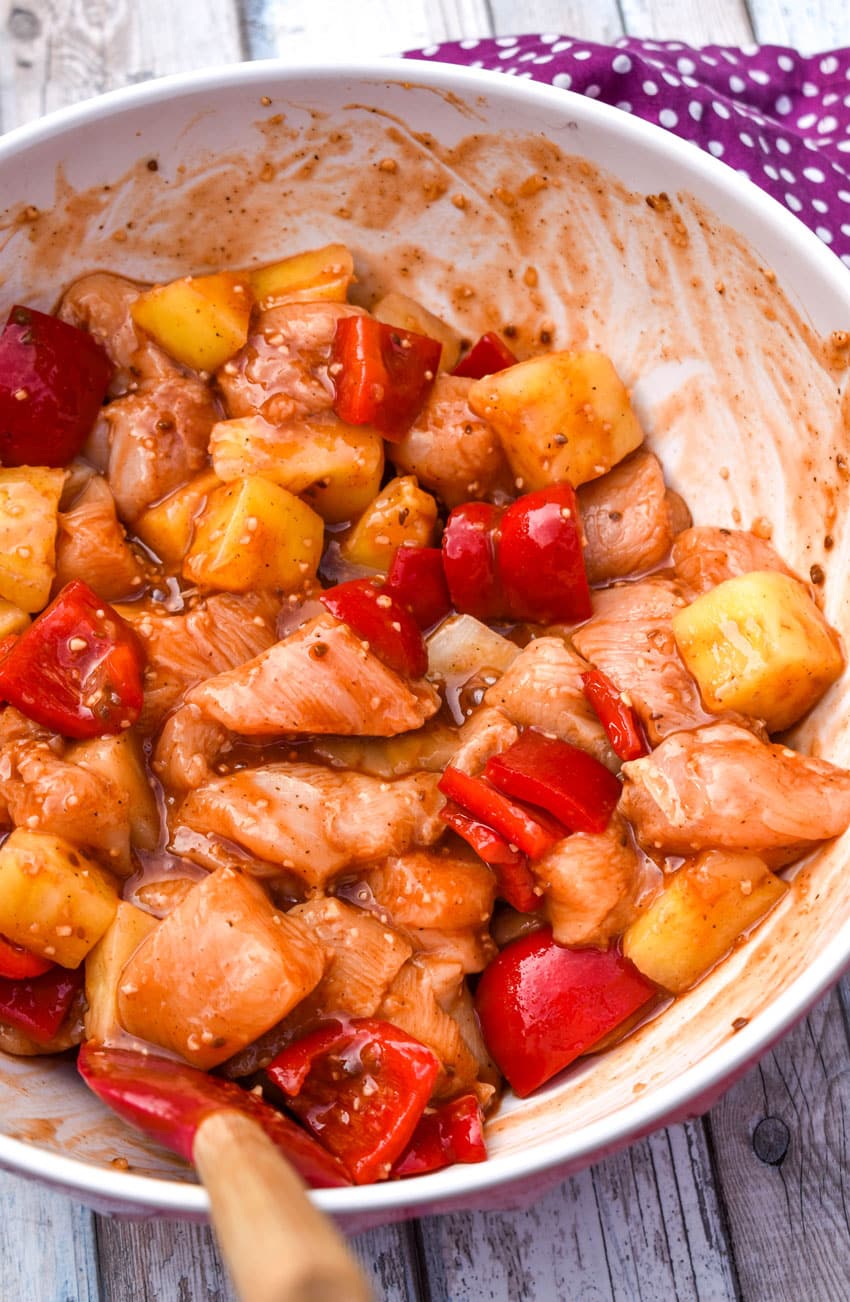 prepared pineapple chicken in a mixing bowl