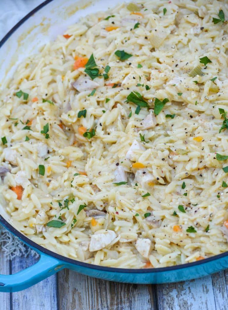 creamy chicken and orzo pasta in a cast iron skillet