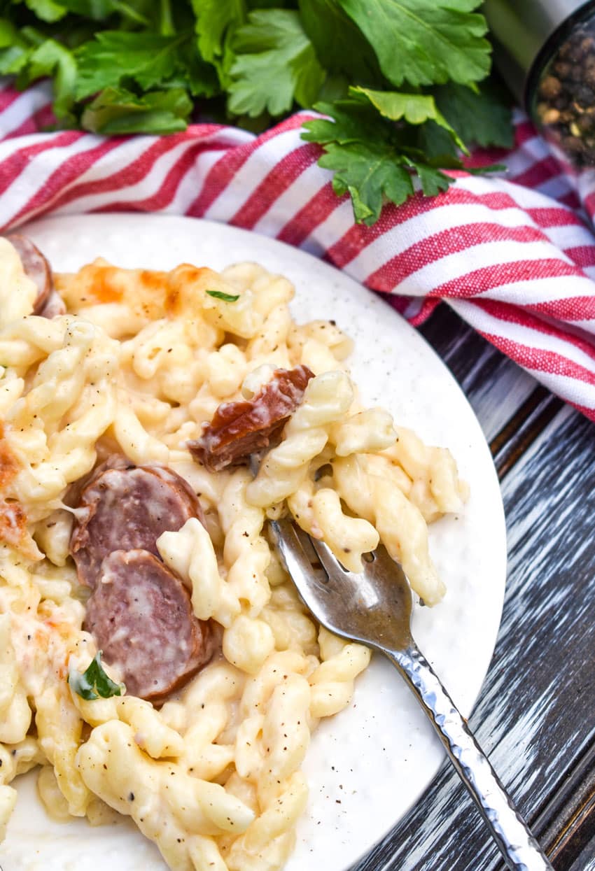 baked alfredo pasta with sausage on a white plate