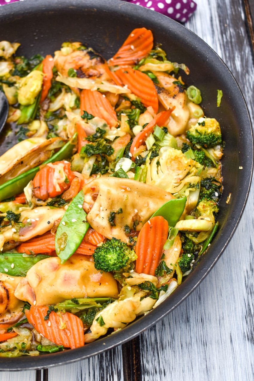 quick pot sticker stir fry in a black skillet