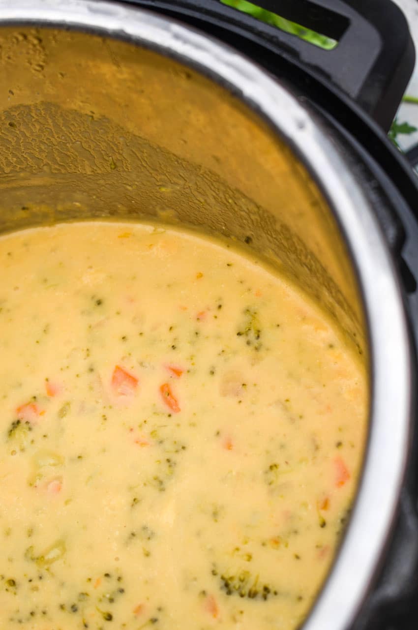 broccoli cheddar soup in the bowl of an instant pot