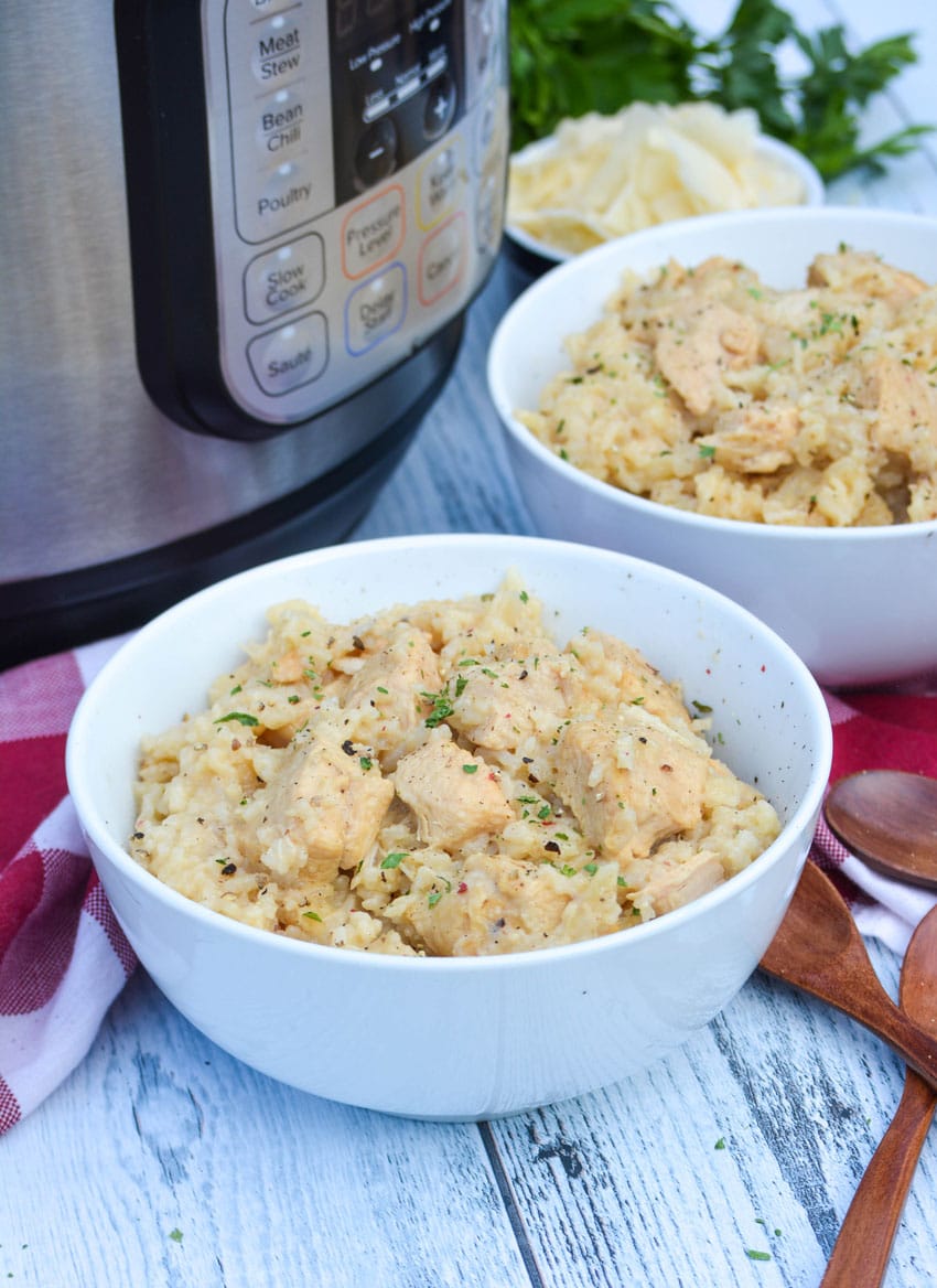 instant pot chicken and rice in a small white bowl