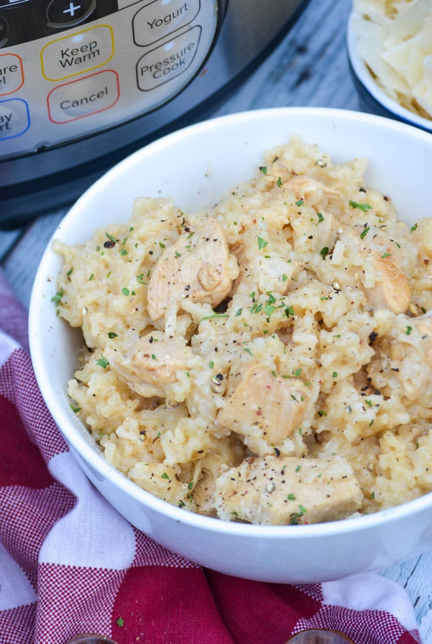instant pot chicken and rice in a small white bowl