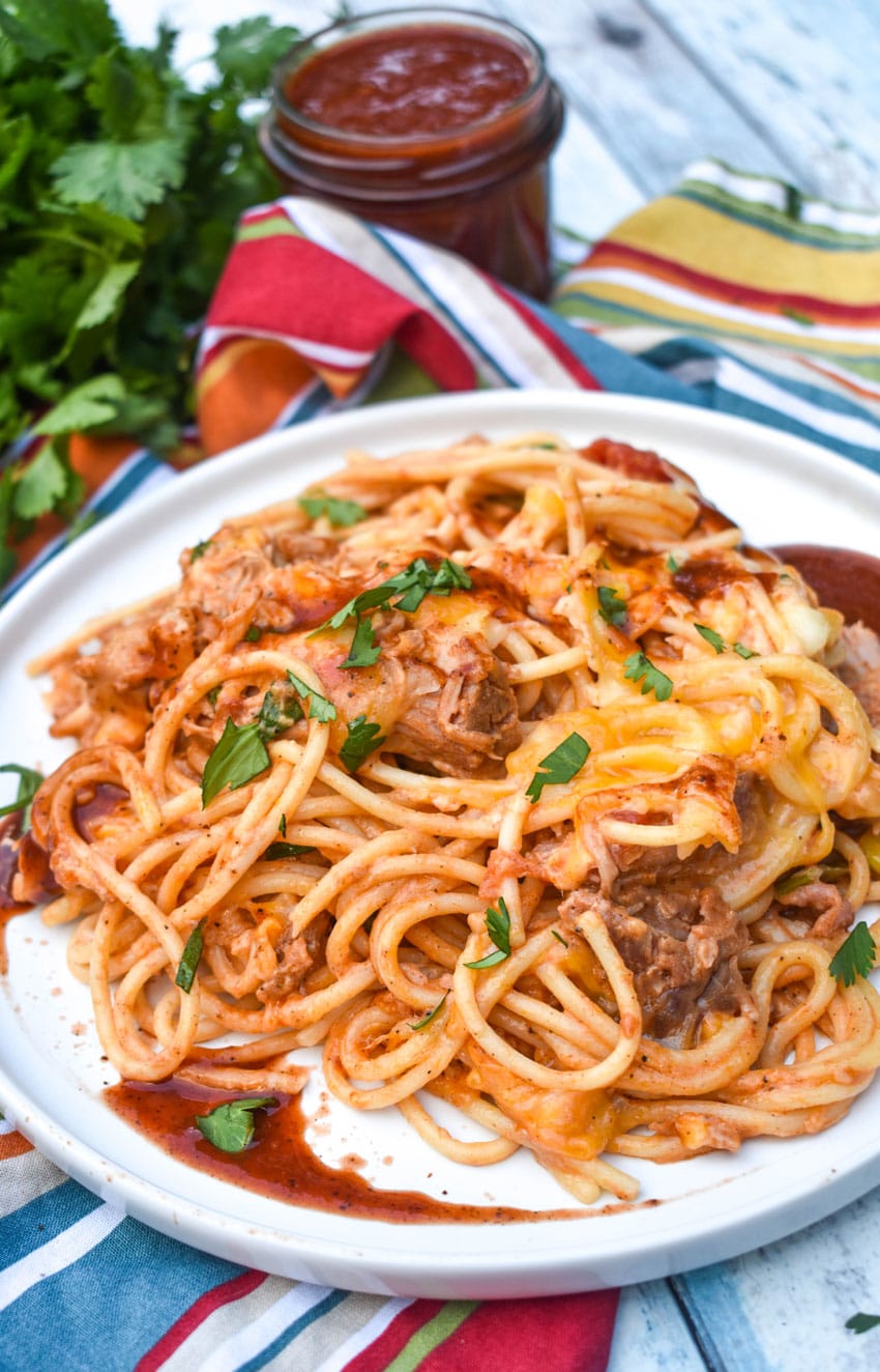 cheesy barbecue pulled pork pasta on a white plate