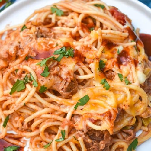 cheesy barbecue pulled pork pasta on a white plate
