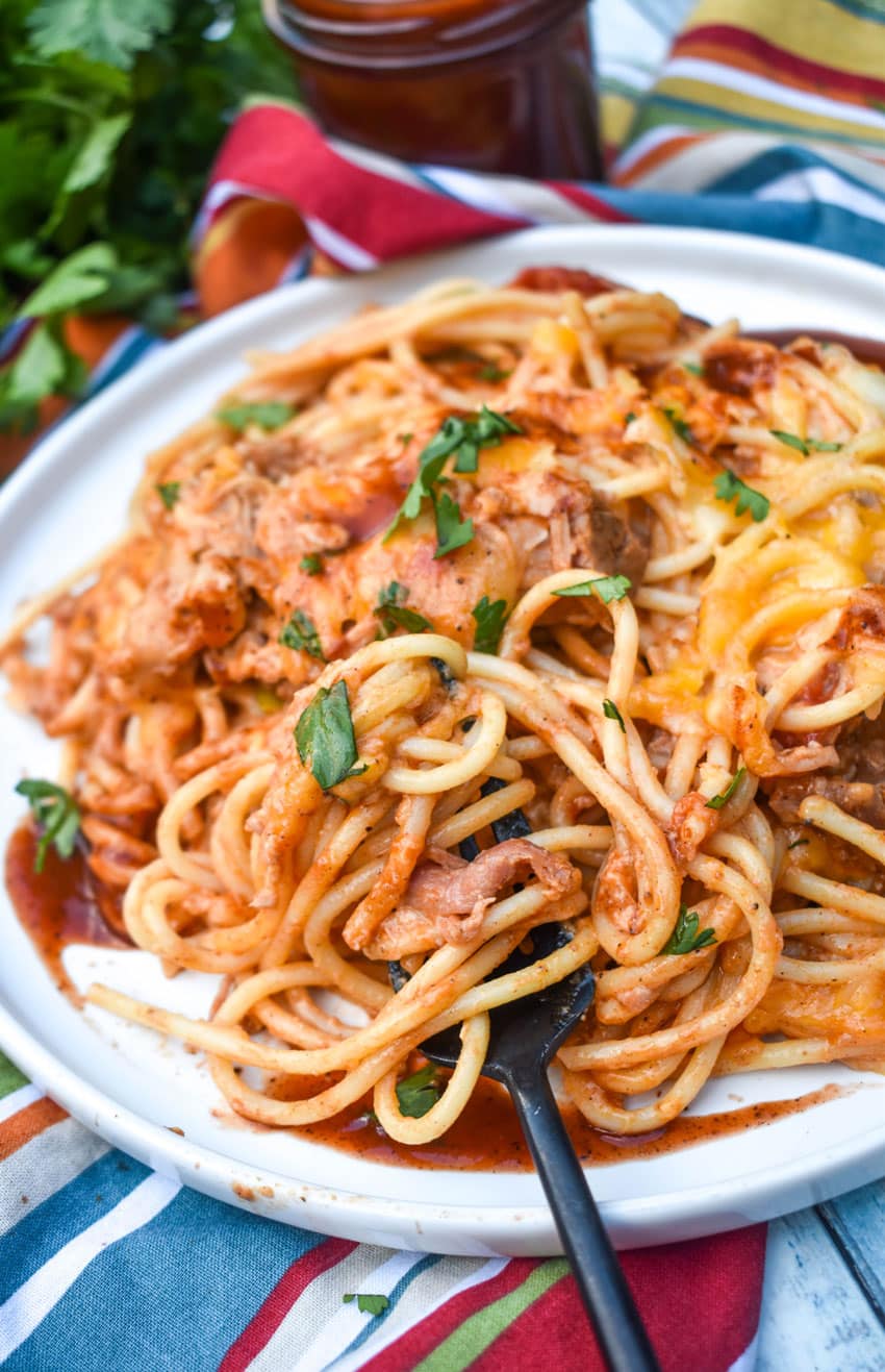 cheesy barbecue pulled pork pasta on a white plate