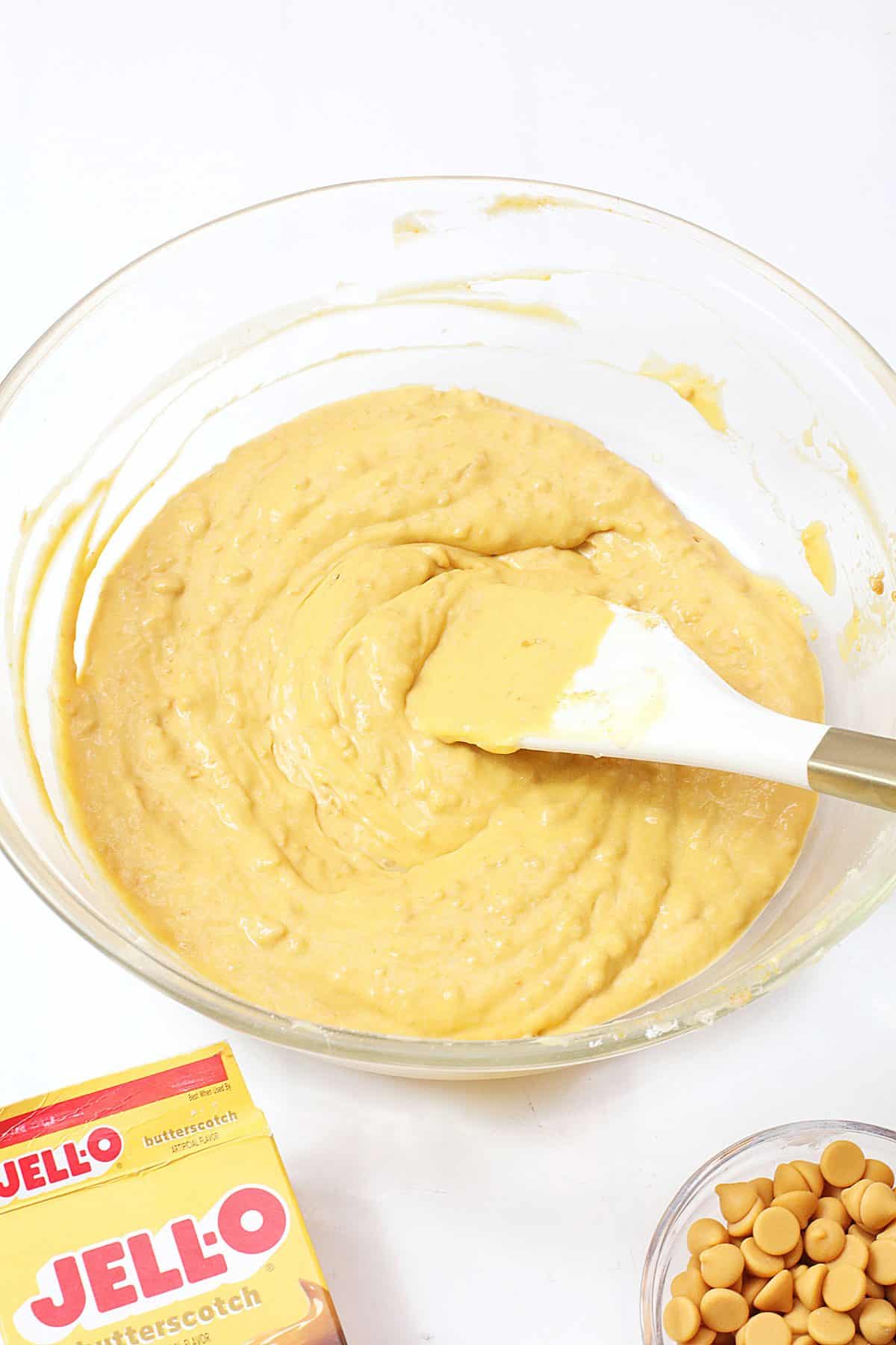 butterscotch pudding in a large glass mixing bowl