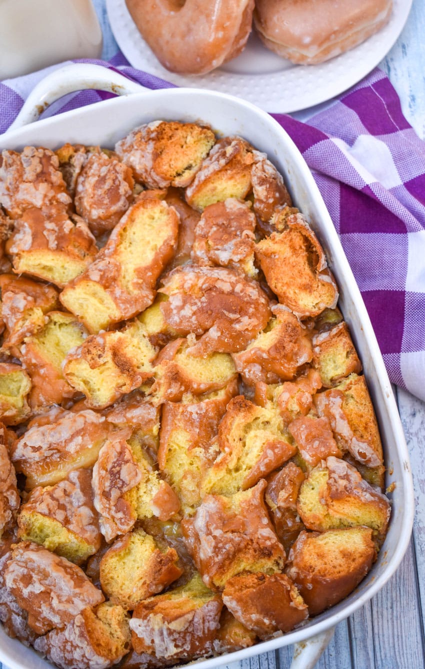 krispy kreme donut bread pudding in a white casserole dish