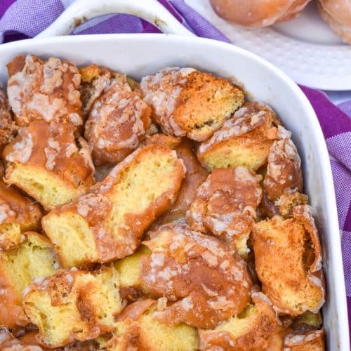 krispy kreme donut bread pudding in a white casserole dish