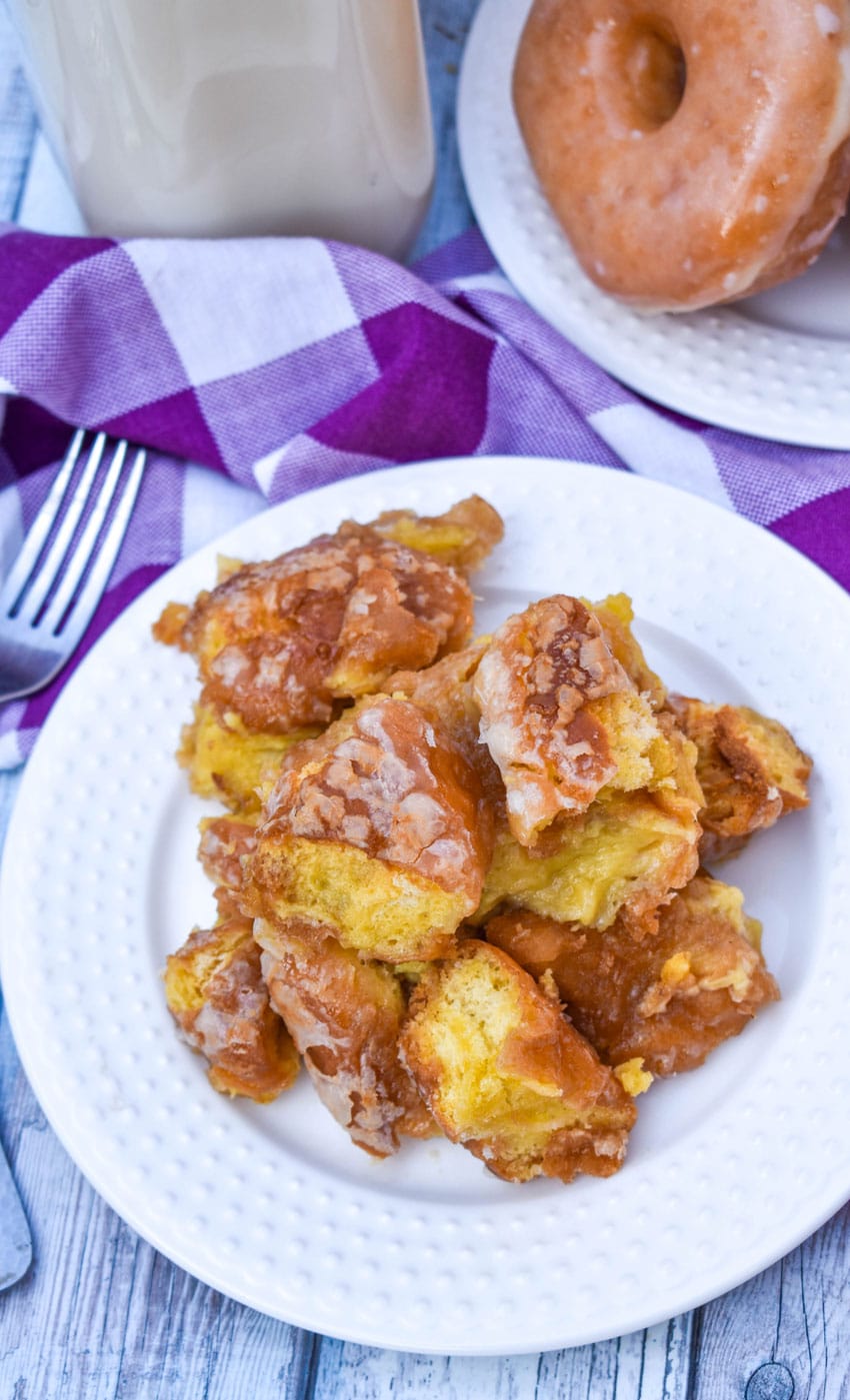 krispy kreme donut bread pudding on a small white plate