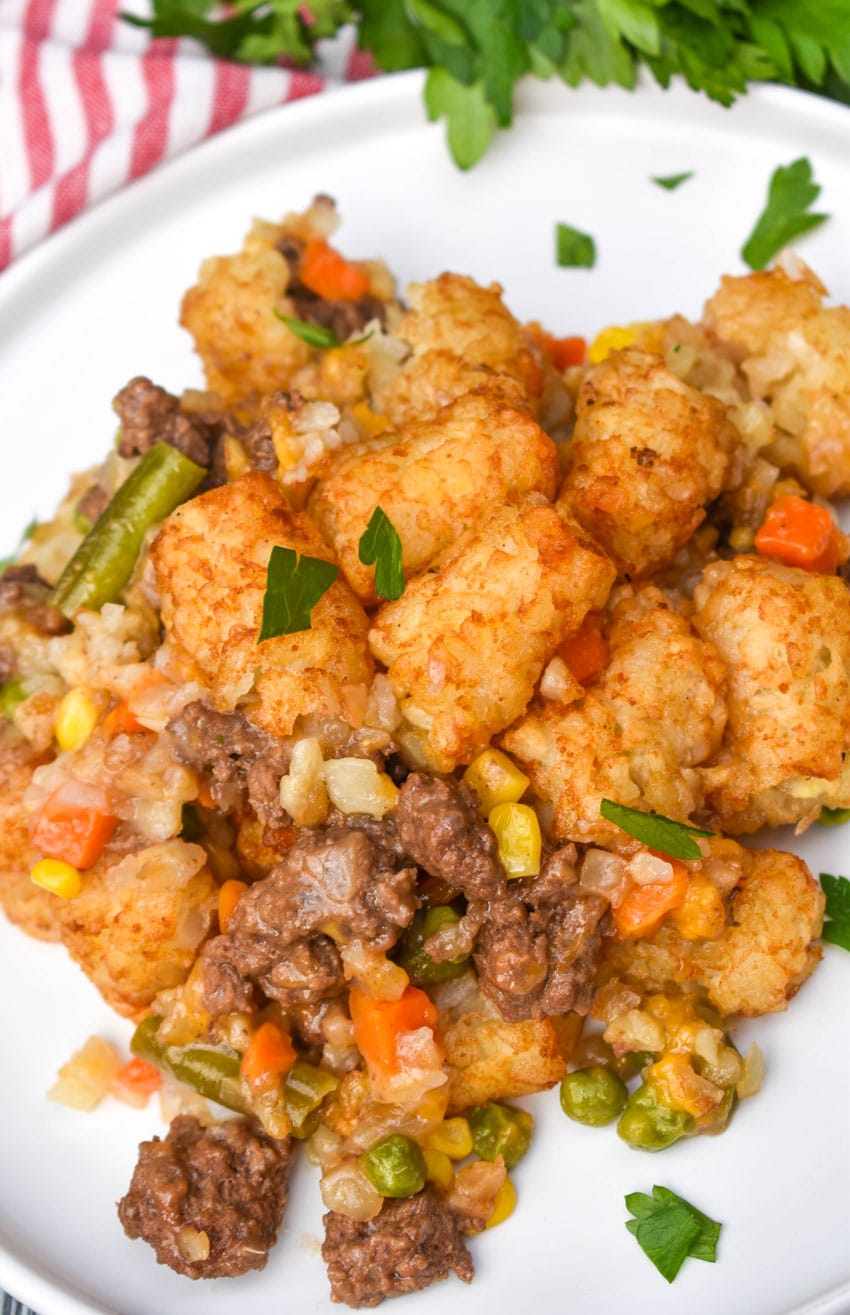 shepherds pie tater tot casserole on a white dinner plate
