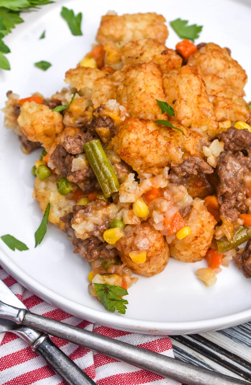shepherds pie tater tot casserole on a white dinner plate