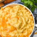 the creamiest homemade macaroni and cheese in a white bowl