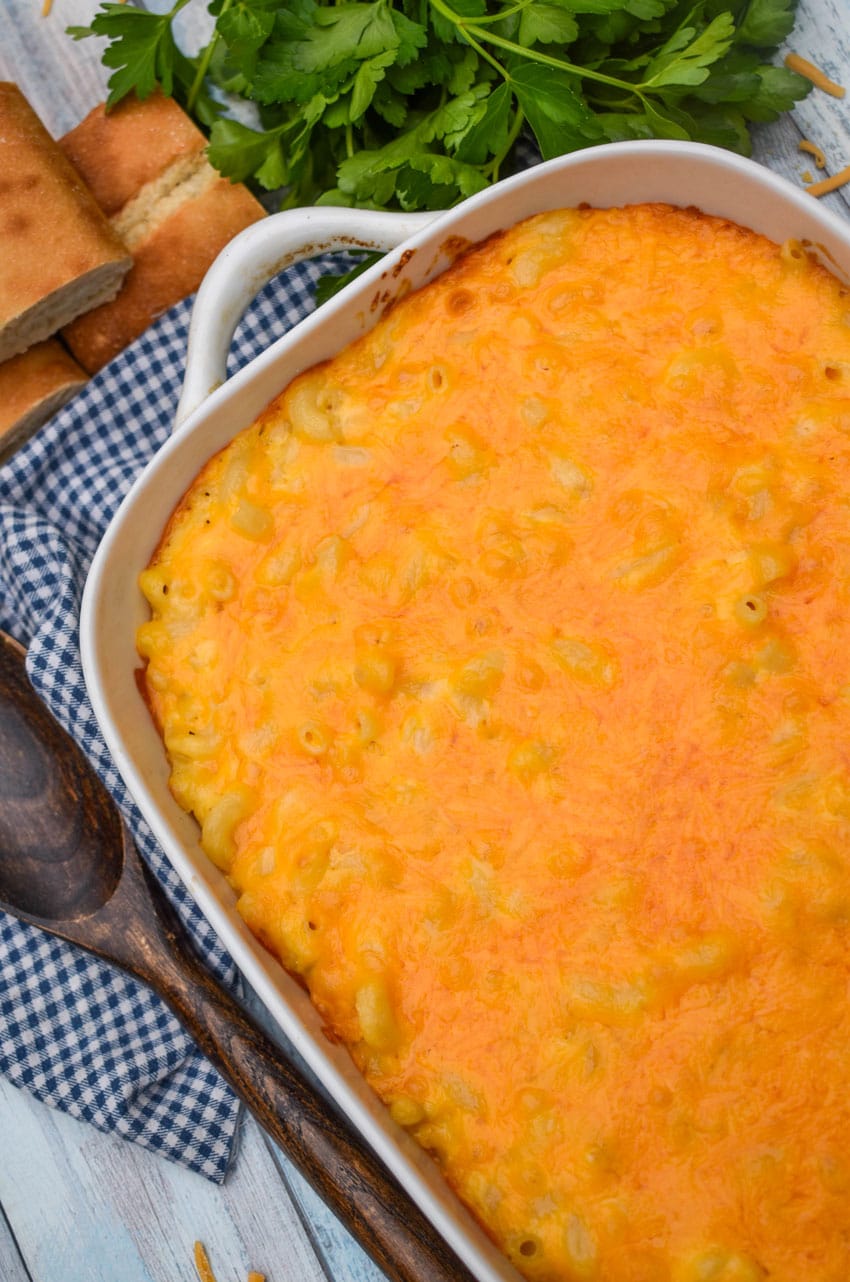 the creamiest homemade macaroni and cheese in a white baking dish with fresh herbs in the background