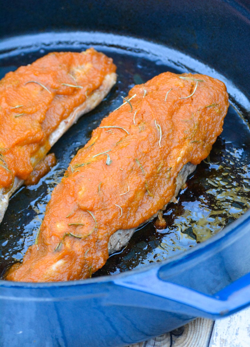 PUMPKIN BUTTER ROASTED PORK TENDERLOINS IN A CAST IRON SKILLET