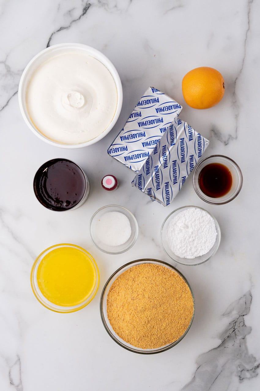 an overhead image showing the measured ingredients needed to make a cranberry fluff pie