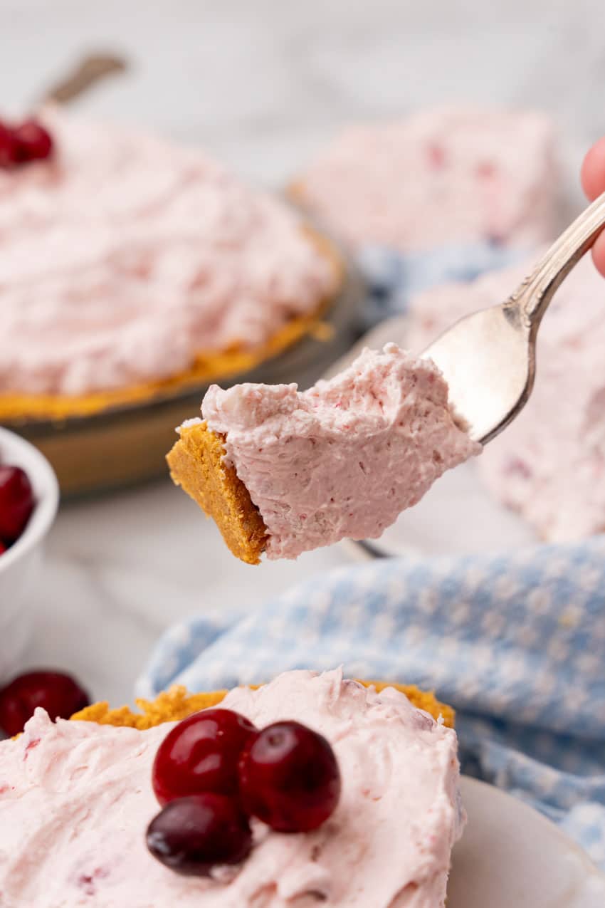 a silver fork holding up a scoop of cranberry fluff pie
