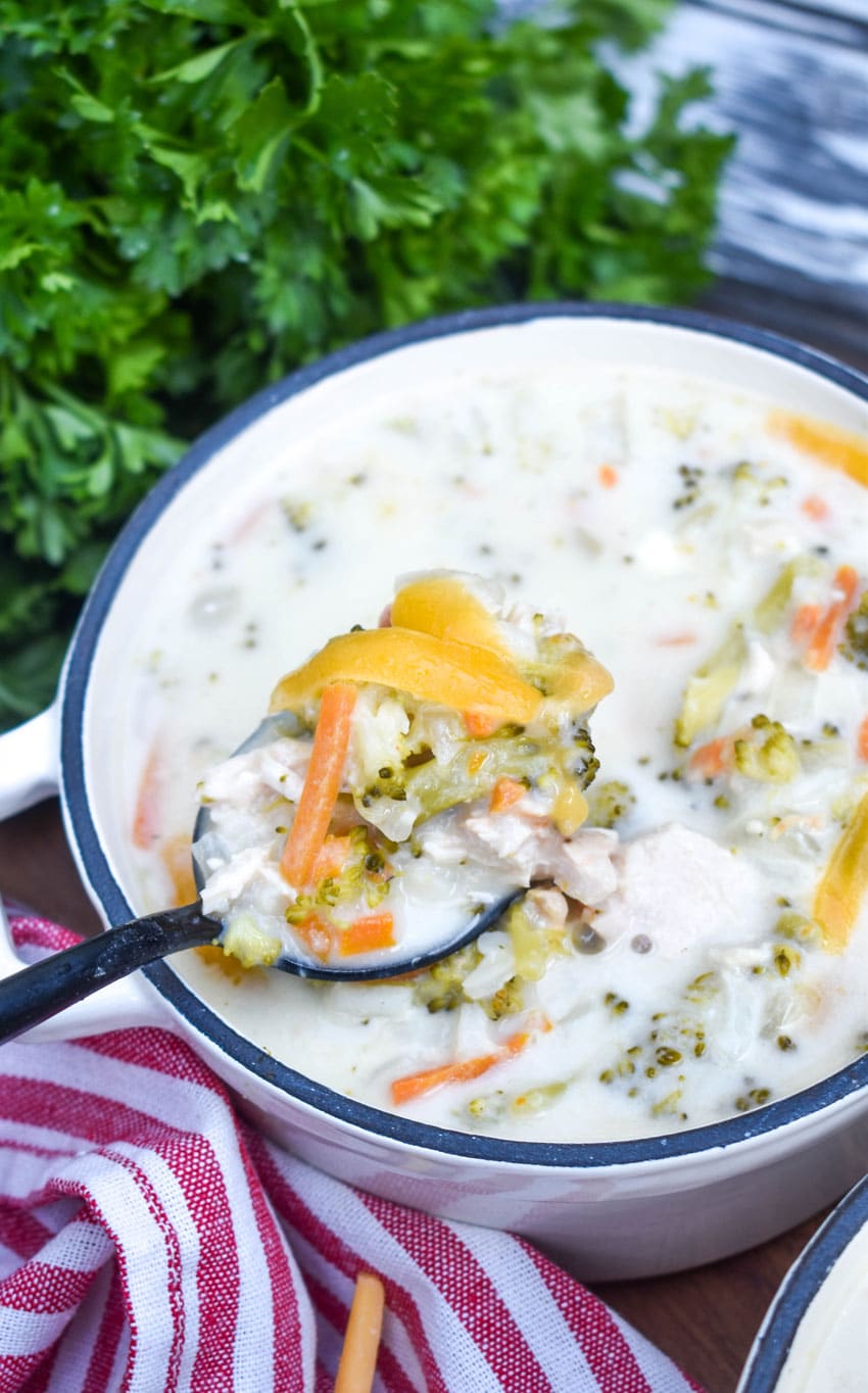 A BLACK SPOON HOLDING UP A CHEESE TOPPED SCOOP OF CREAMY CHICKEN AND RICE A RONI SOUP