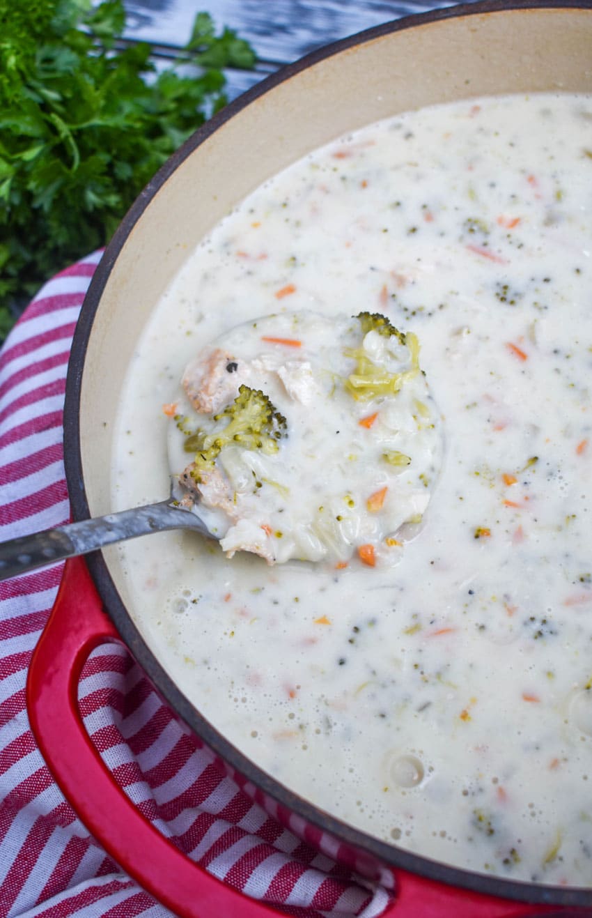 A SILVER LADLE SCOOPING CREAMY CHICKEN AND RICE A RONI SOUP OUT OF A LARGE RED DUTCH OVEN