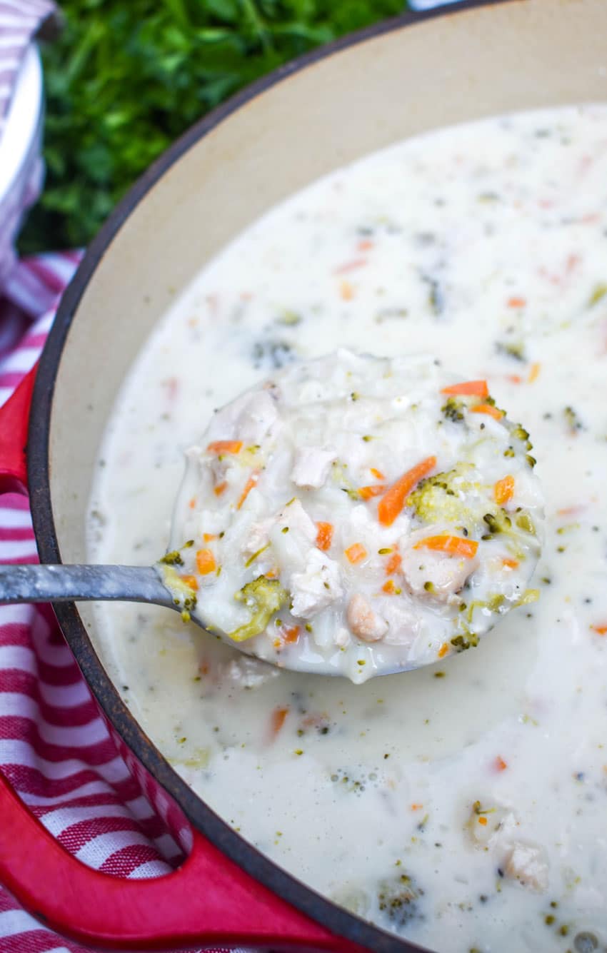 A SILVER LADLE SCOOPING CREAMY CHICKEN AND RICE A RONI SOUP OUT OF A LARGE RED DUTCH OVEN