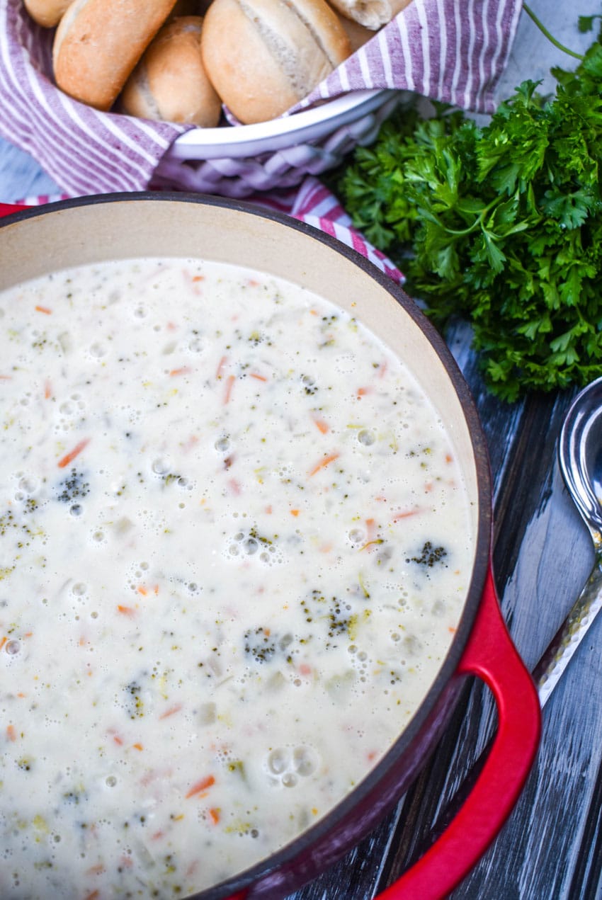 CREAMY CHICKEN AND RICE A RONI SOUP IN A LARGE RED DUTCH OVEN