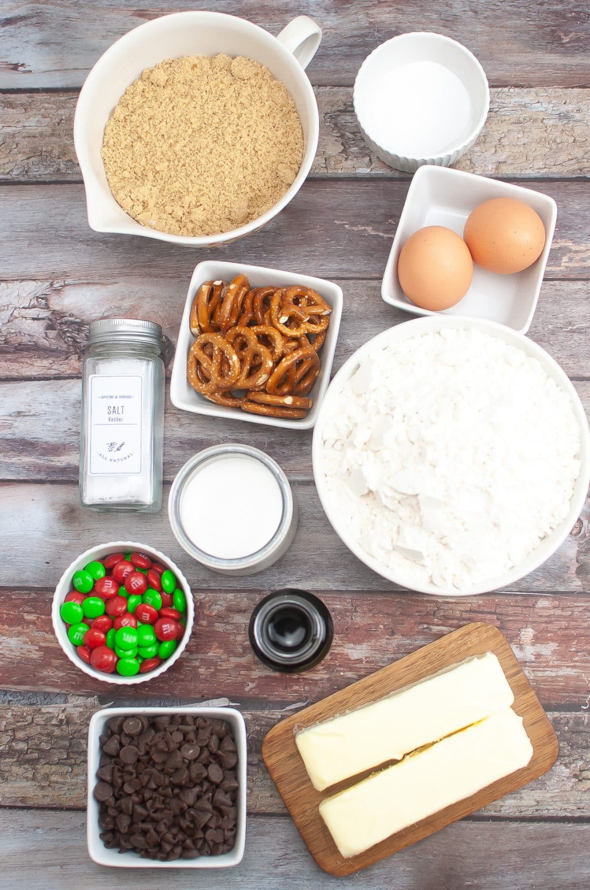 an overhead image showing the measured ingredients needed to make a batch of easy christmas cookies for santa