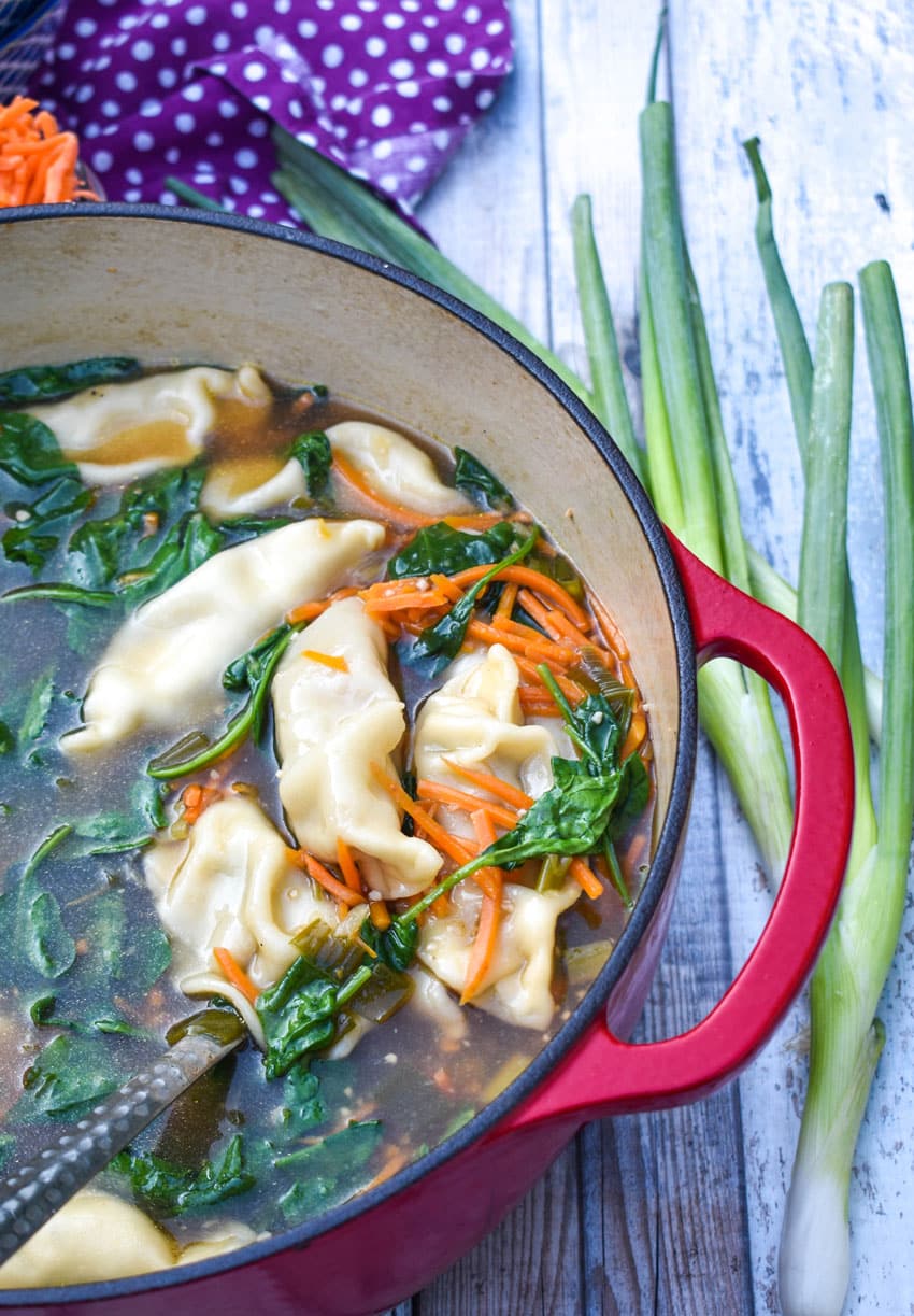 potsticker soup in a large dutch oven