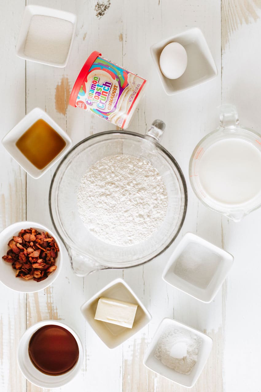 an overhead image showing the measured ingredients needed to make a batch of maple bacon pancake muffins