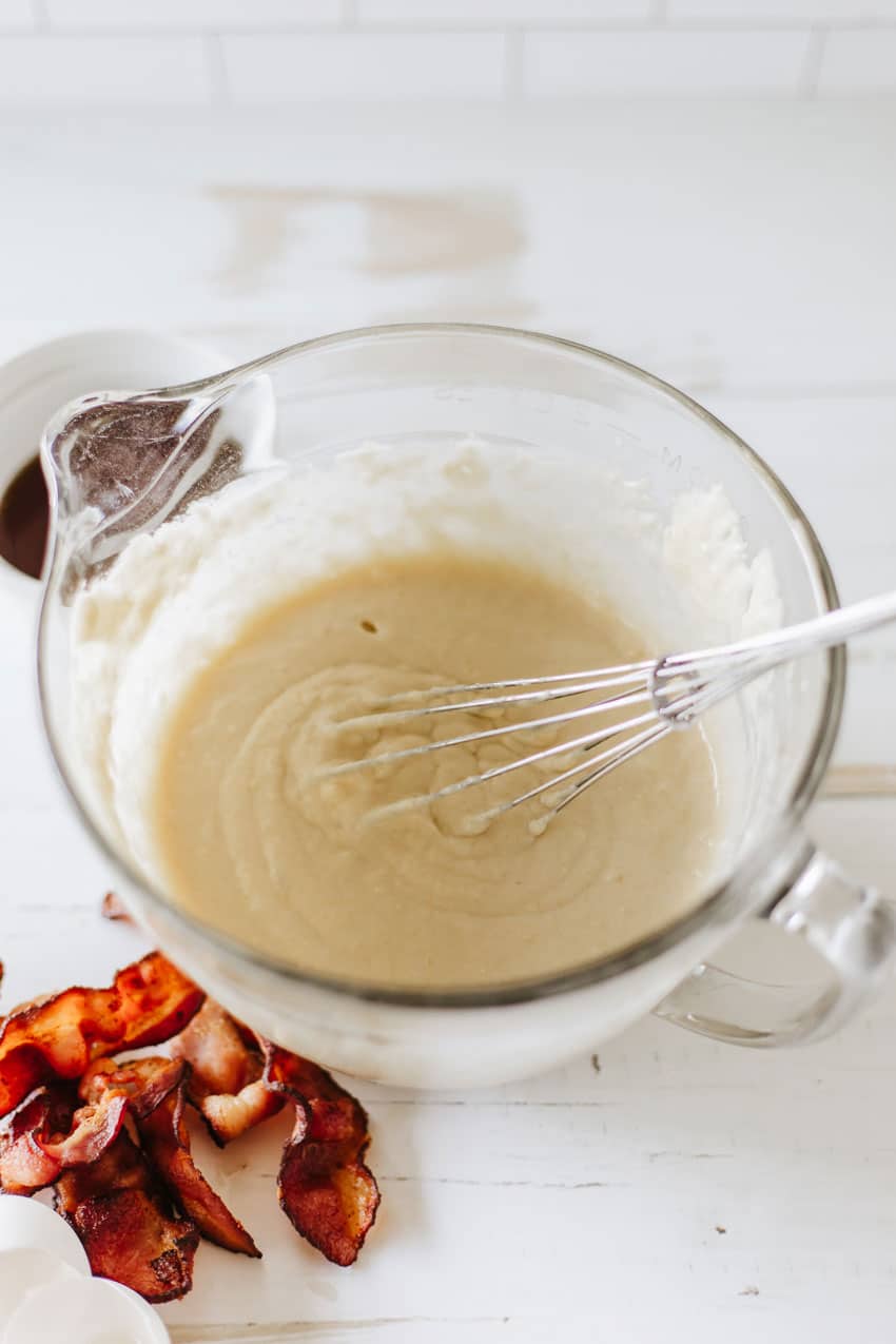 pancake muffin batter in a glass mixing bowl