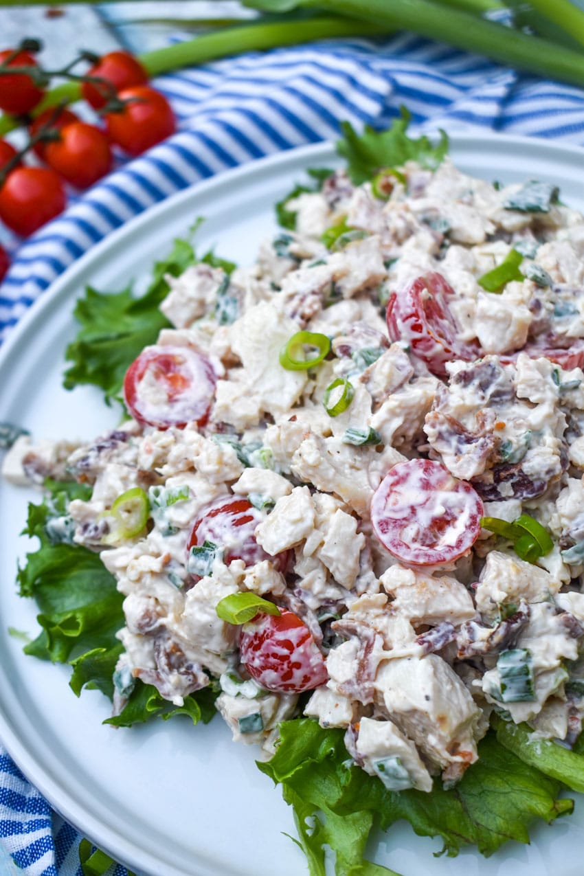 blt chicken salad spread over fresh green leaf lettuce on a white dinner plate