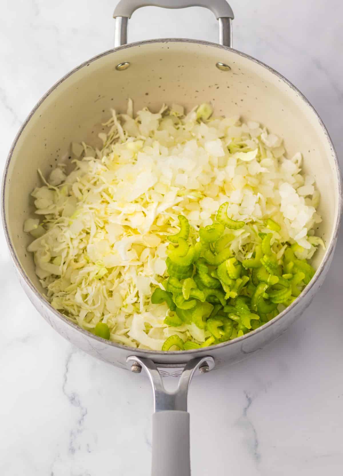 chow mein vegetables in a large gray pot